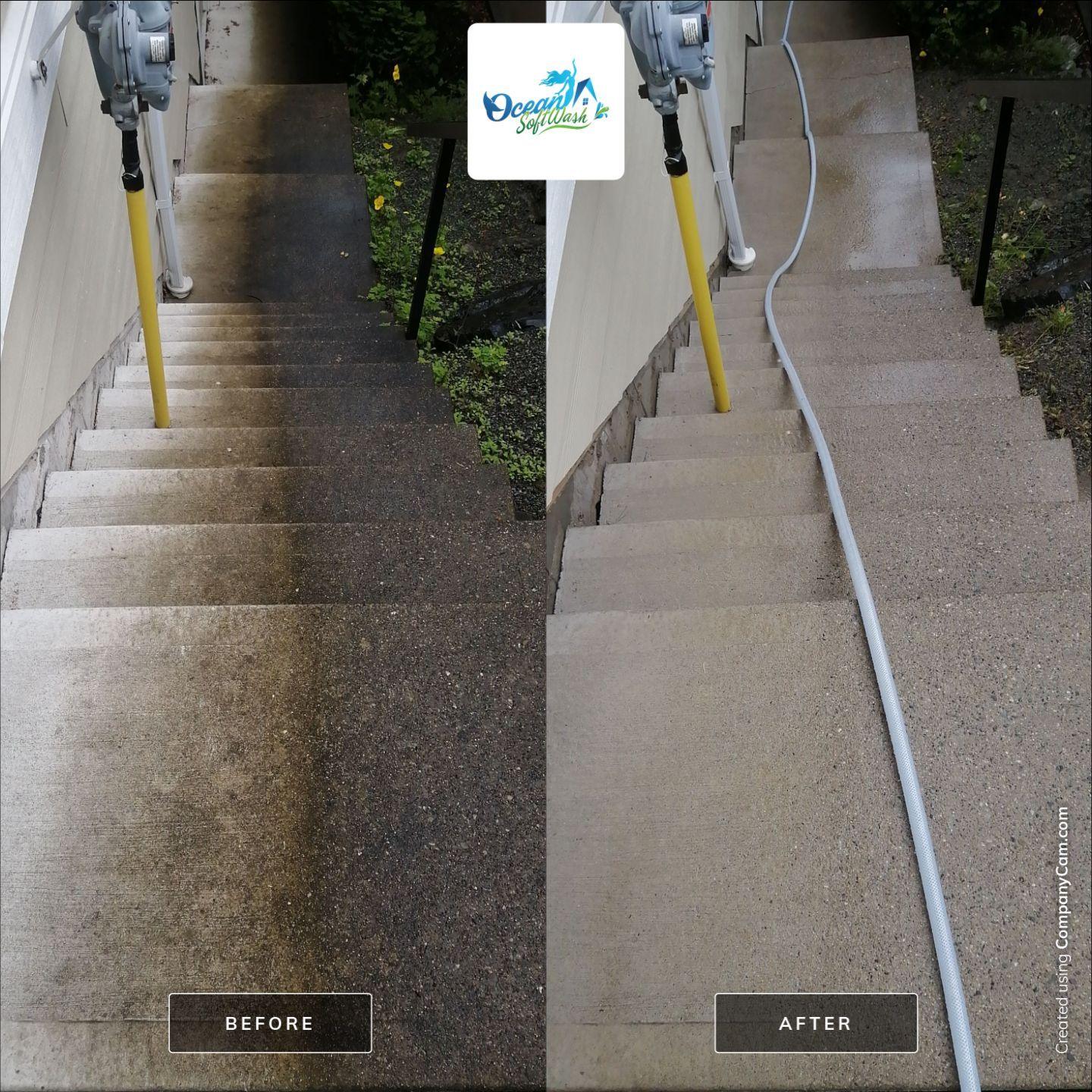 Before-and-after concrete stair cleaning showing algae and grime removed from outdoor steps in Abbotsford, BC