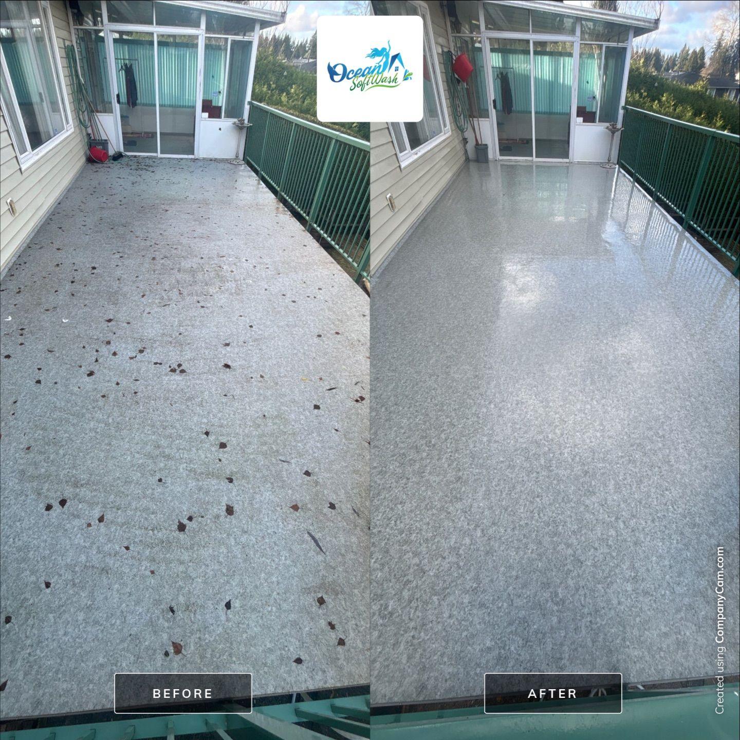 Before-and-after deck/patio surface cleaning showing debris and dull buildup removed for a brighter finish in Abbotsford, BC.