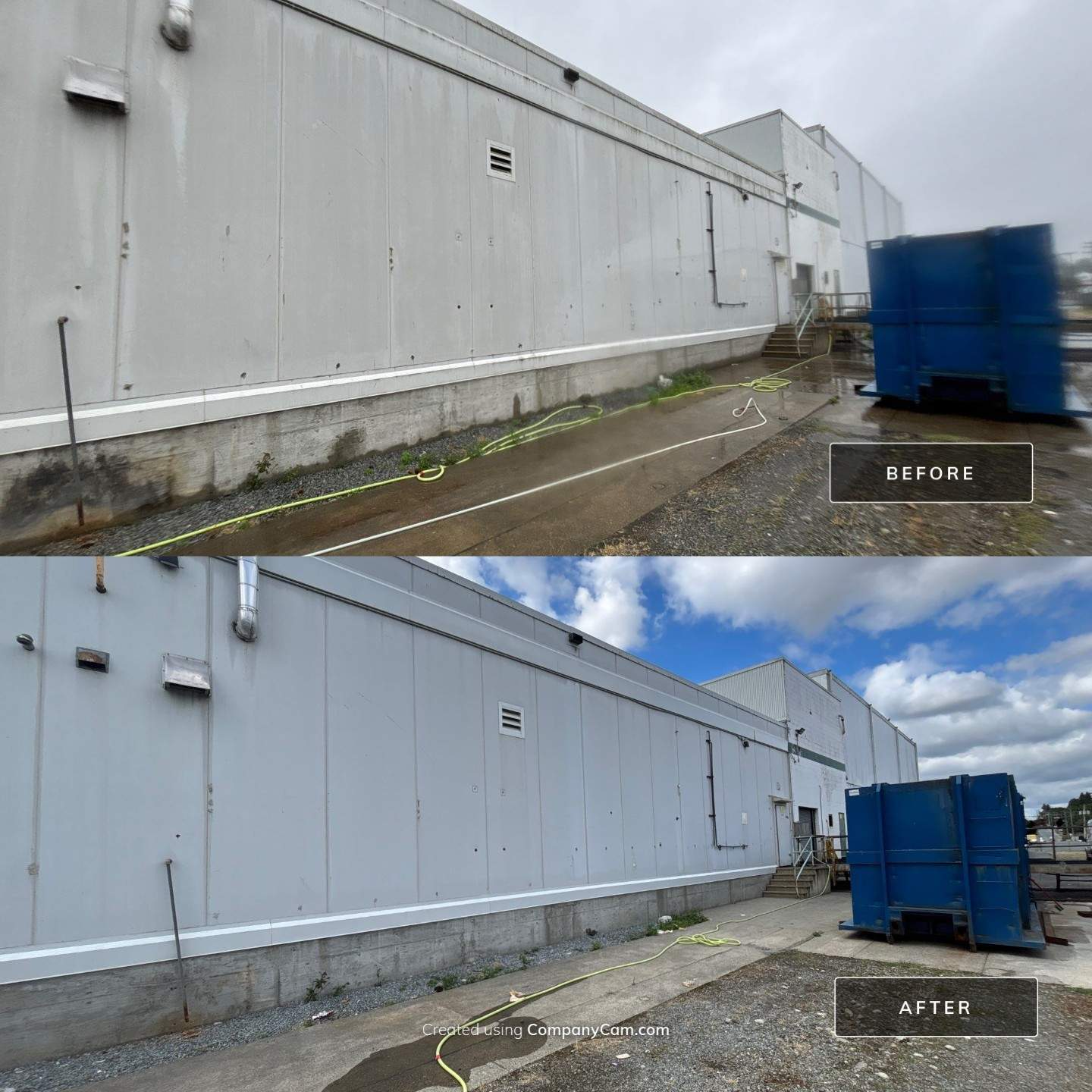 Before and after comparison of a residential home roof, showing a dark, weathered roof before cleaning and a bright, clean roof after restoration.