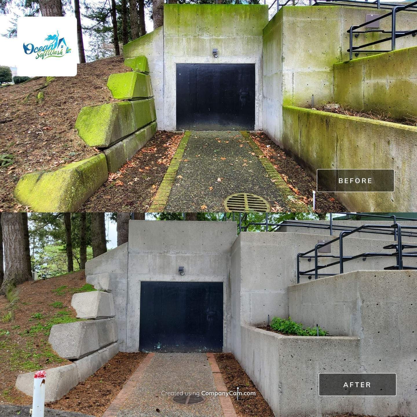 Before and after comparison of a single-story residential home, showing a dark, weather-stained roof before cleaning and a lighter, clean roof after restoration.