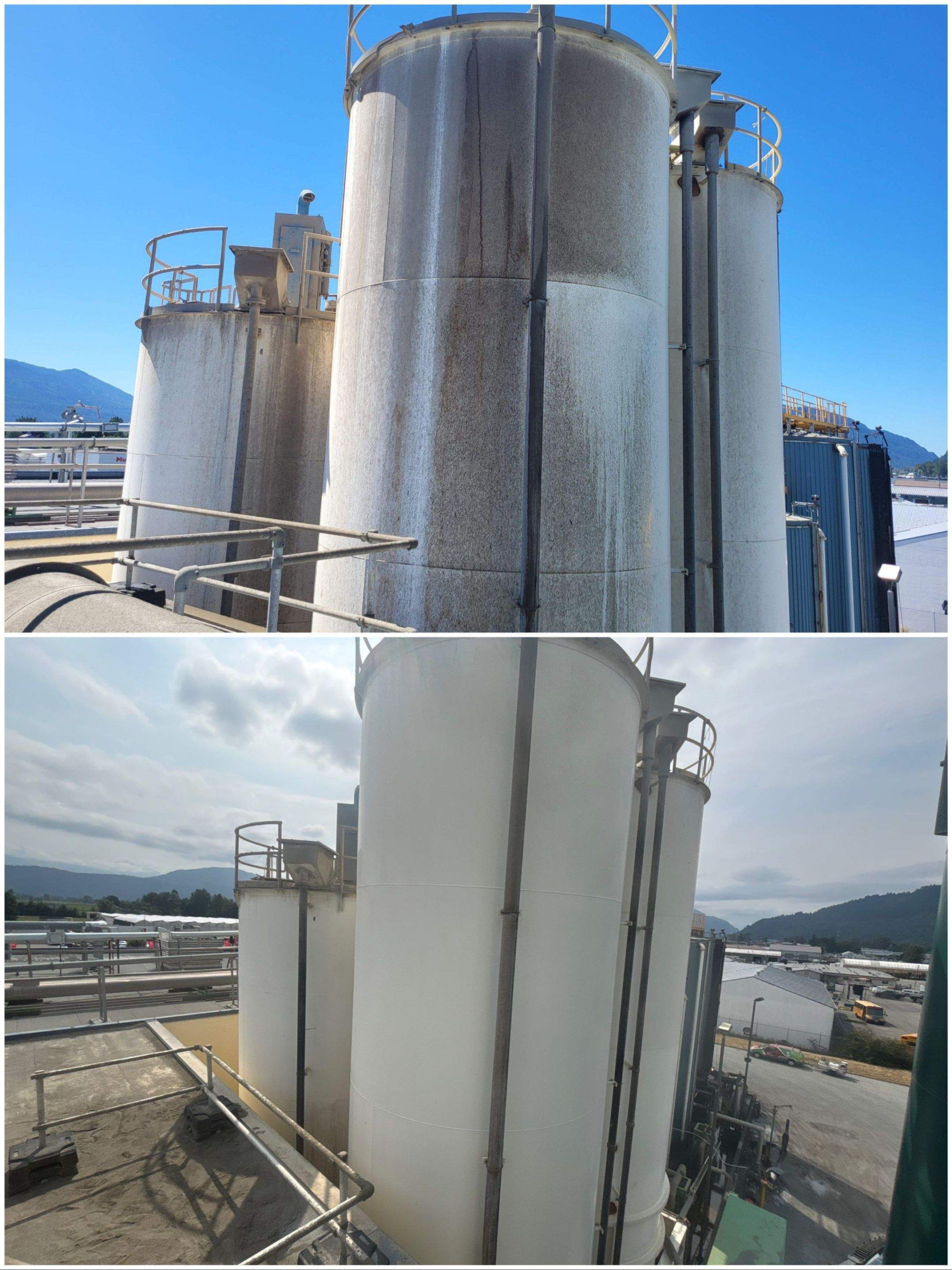 Before and after comparison of a commercial building entrance canopy, showing dark staining and discoloration on the canopy before cleaning and a bright, clean canopy after restoration.