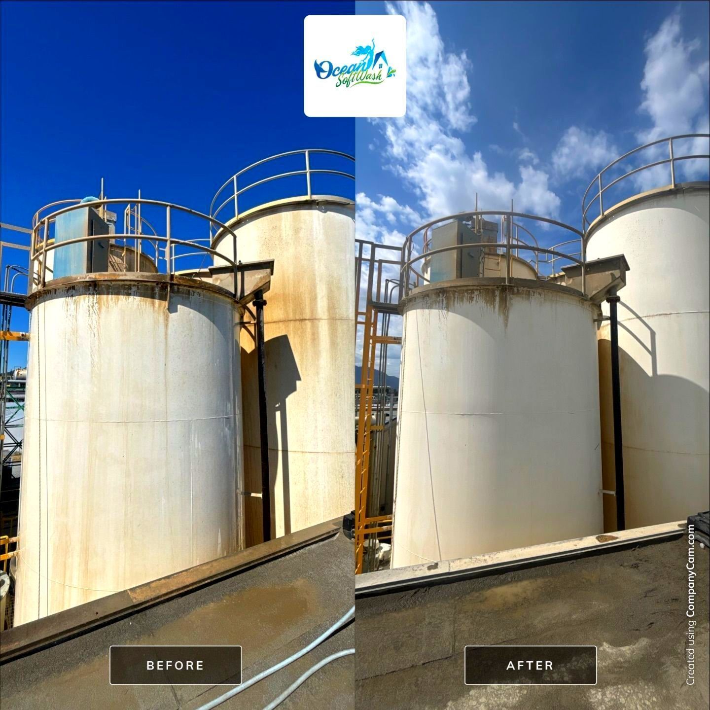 Before and after comparison of a commercial building exterior, showing heavy dark streaking and stains on the wall before cleaning and a smooth, clean facade after restoration.