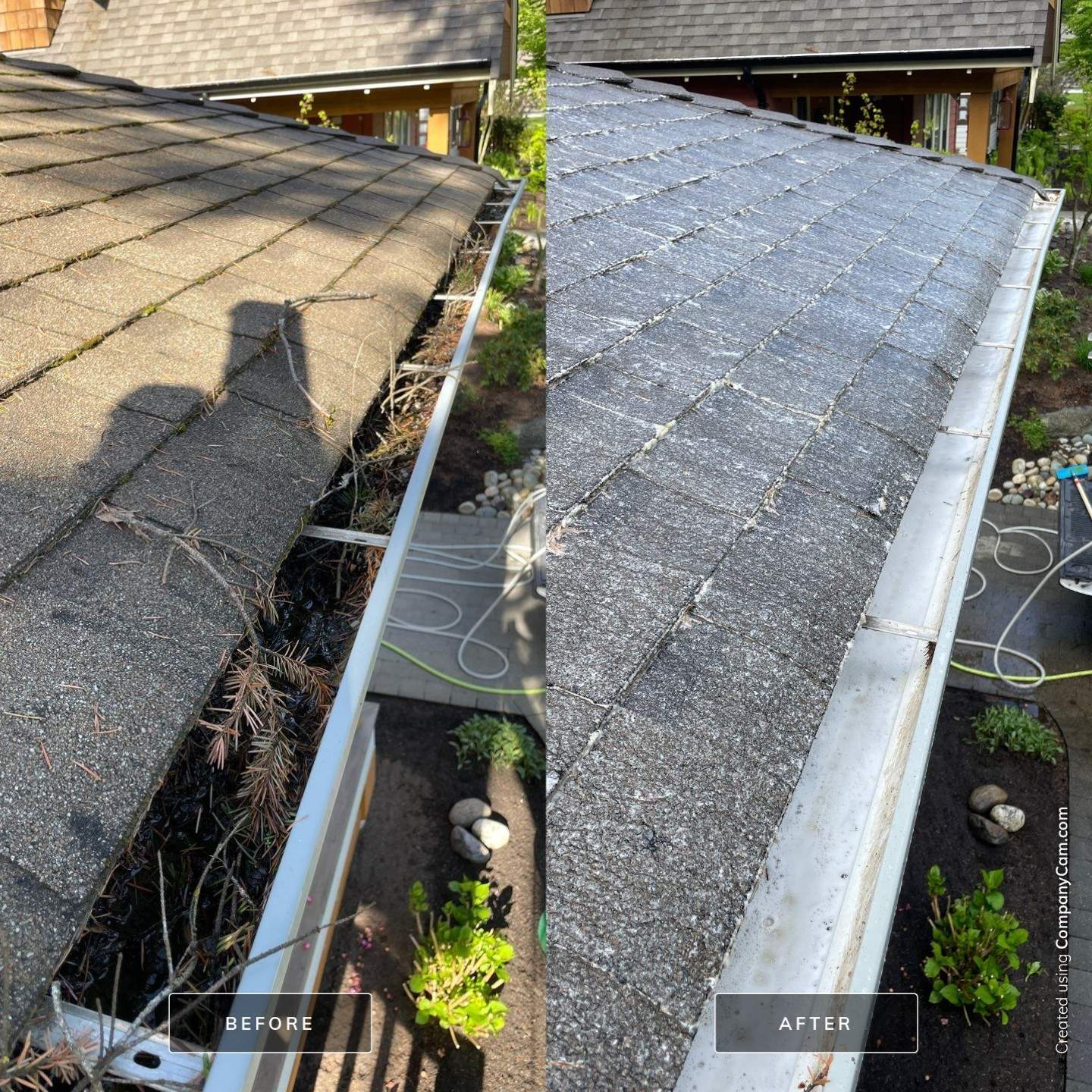 Before and after comparison of a white house roof, showing a dark, weather-stained roof on the left and a clean, light-colored restored roof on the right.