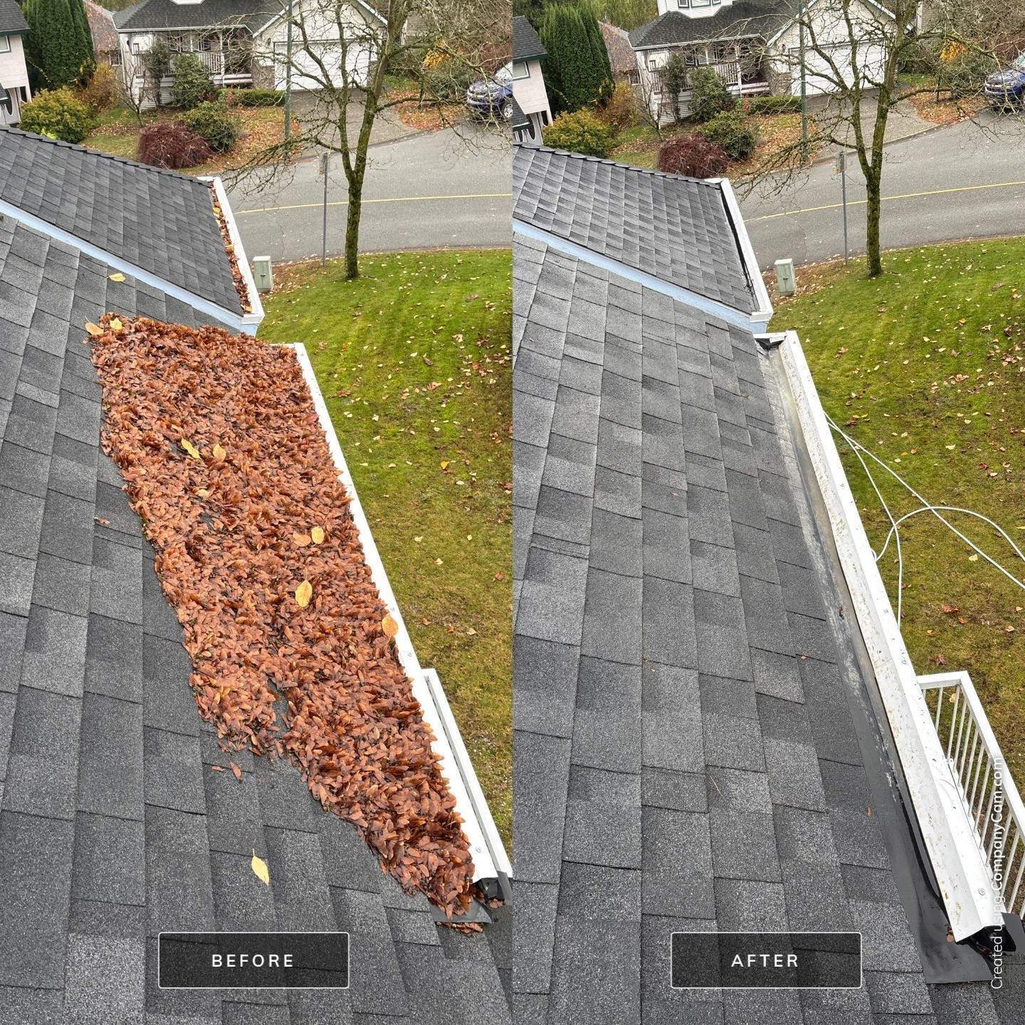 Before and after comparison of a commercial building exterior, showing heavy dark streaking and stains on the wall before cleaning and a smooth, clean facade after restoration.